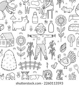 Black and white cute farm seamless pattern with scarecrow, pig, cow, kids farmers. Funny countryside background in cartoon style for coloring page, fabric and textile. Vector illustration