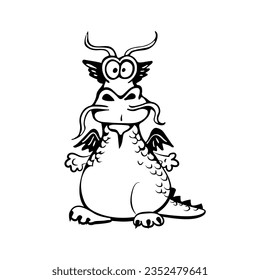schwarz-weißer, süßer, verrückter Drachen, handgezeichnet doodle Stil