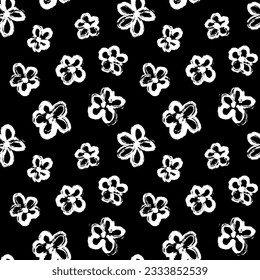 Black and white cute floral sketch seamless pattern for background, wrap, fabric, textile, wrap, surface, web and print design. Monochrome ink brush vector texture. Wrapping paper, textile