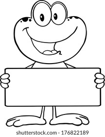 Black And White Cute Frog Cartoon Mascot Character Holding A Banner. Vector Illustration Isolated on white
