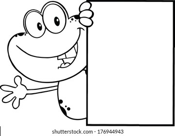 Black And White Cute Frog Cartoon Character Looking Around A Blank Sign And Waving. Vector Illustration Isolated on white