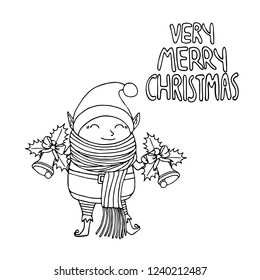 Black and white Cute funny cartoon character christmas elf with long scarf holding two handbells, isolated on white background, merry christmas lettering