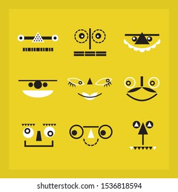 Black and white cute and funny geometrical faces icons set on yellow background