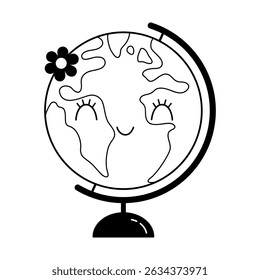 Black and white cute globe doodle, groovy school supplies, back to school, cute hand drawn vector illustration in flat style	

