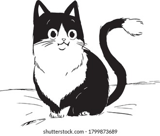 Black and white cute hand drawn cat sitting happy. 