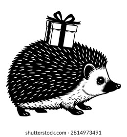Black and white cute hedgehog carrying a wrapped gift box on its back vector illustration