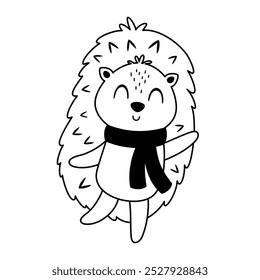 Black and white cute hedgehog clipart. Autumn animal character. Fall animal doodle. Hand drawn vector illustration in flat style