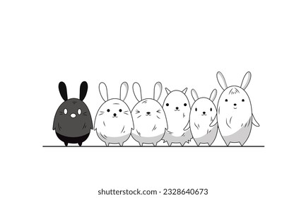 Black and White Cute Kawaii Rabbit Character Set in Doodle Style.