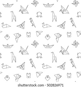 Black and White Cute Kids Seamless Pattern. Repetitive Texture with Hand Drawn Origami Animals and Objects. Vector Ink Doodle Baby Background. Cartoon Ornament