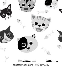 blanco y negro lindo gatito cara Cara de gatos personaje de dibujos animados sin fisuras