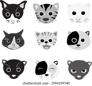 black and white cute kitten face Cat vector cartoon character