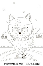 A black and white cute little fox is skating on ice in the forest. Outline Illustration for Happy New Year and Merry Christmas coloring book. Winter design. A4. Vector.