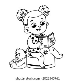 Black and white cute little girl potty training and reading a book. Vector illustration.