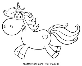 Black And White Cute Magic Unicorn Cartoon Mascot Character Running. Vector Illustration Isolated On White  Background