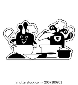 Black and white Cute monsters are preparing food. Cutlery, crockery, chef's hats. Coloring book. Vector illustration.
