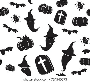 black and white cute pattern for Halloween. pumpkin, bat, ghost, spider, Gravestones