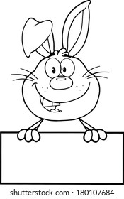 Black And White Cute Rabbit Cartoon Mascot Character Over Blank Sign. Vector Illustration Isolated on white