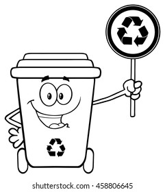 Black And White Cute Recycle Bin Cartoon Mascot Character Holding A Recycle Sign. Vector Illustration Isolated On White Background