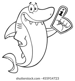 Black And White Cute Shark Cartoon Mascot Character Wearing A Foam Finger. Vector Illustration Isolated On White Background
