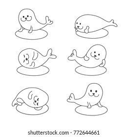 Black and white cute sleeping and resting seals on rocks collection. Vector outline image.