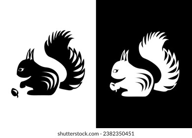 Ardillas blancas y negras adorables con bellotas con insertos negros y blancos sobre un fondo blanco y negro. Ilustración del vector	