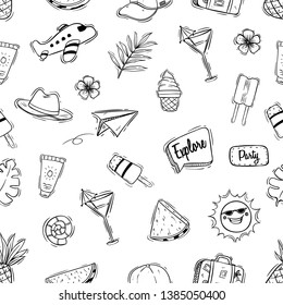 Black and white cute summer illustration in seamless pattern with doodle style