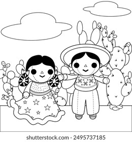 Black and white cute traditional mexican rag doll couple in front of cactus