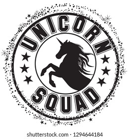 Black and white cute unicorn print. t shirt design with original c text .Kids magic slogan, for clothes, banner, girls, women, child. hand written text Unicorn squad. Isolated on white