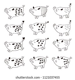 Black and white cute wild pigs, boars illustration