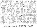 Black and white cute winter characters collection. Christmas animals and kids in winter clothes set in outline. Bear, reindeer, fox, rabbit and other elements. Vector illustration