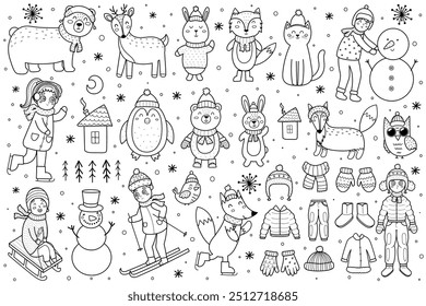 Black and white cute winter characters collection. Christmas animals and kids in winter clothes set in outline. Bear, reindeer, fox, rabbit and other elements. Vector illustration