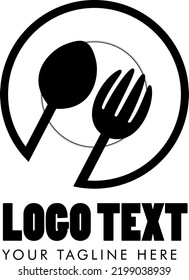 imagen del logo del vector de placa y cubiertos en blanco y negro. icono del vector de cuchara y tenedor para el logotipo culinario.