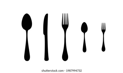 Black and White Cutlery Set. Vector isolated illustration of a fork, a spoon and a knife silhouettes