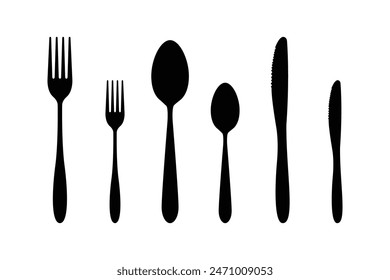 Juego de cubiertos en blanco y negro. Vector ilustración aislada de un tenedor, una cuchara y un cuchillo siluetas