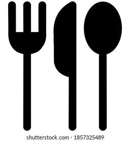Black and White Cutlery vector icon showing a spoon, fork and knife.