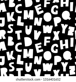 Black and white cutout ABC. Cute alphabet seamless pattern. Playful font print for textile, home decor, kids room wall art. High contrast poster.