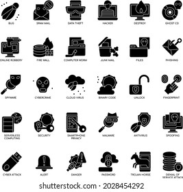 Conjunto de colecciones de iconos de color blanco y negro sobre delitos informáticos