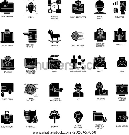 Black and white Cyber robbery flat concept collection icons set