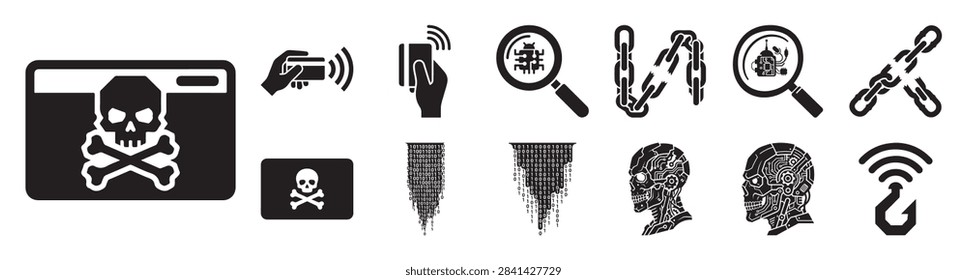 black and white cyber security and hacking icons collection showing malware and wireless threats isolated on transparent background