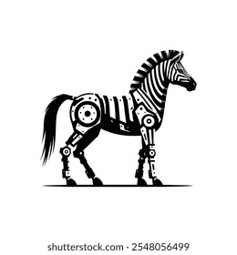 Black and White Cyber Zebra Robot with Futuristic Mechanical Details in Vector Format