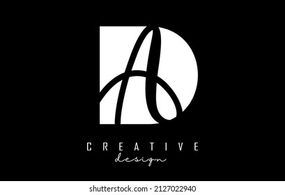 Black and white DA Letters logo with negative space. Letters D and A with geometric and handwritten typography. Creative Vector Illustration with letters.