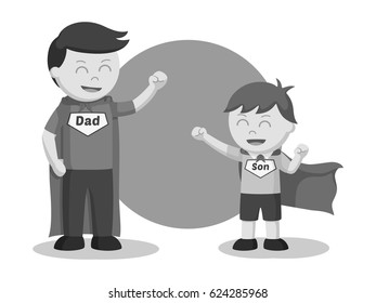 black and white dad and son playing super hero black and white style