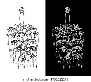 Black and White Dagger Combine with Flower Tattoo Design