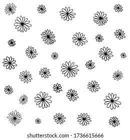 Black White Daisies Hand-drawn By Liner. Simple Daisy Flower Hand-drawn By A Liner. Daisies Silhouette On A White Background. Tiny Flowers Seamless Pattern