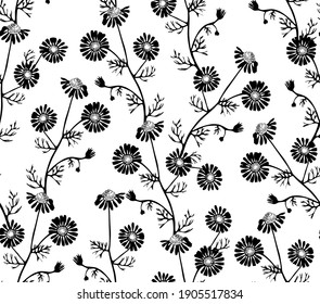 Black and white daisies tiny print for fabric. Vector seamless pattern.