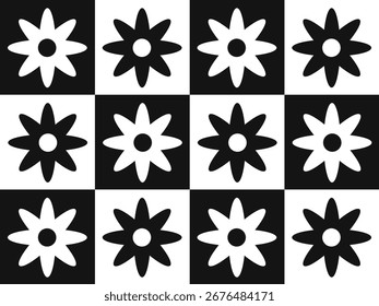 Black and White Daisy Flower Tile and Seamless Pattern, Wrapping Paper
