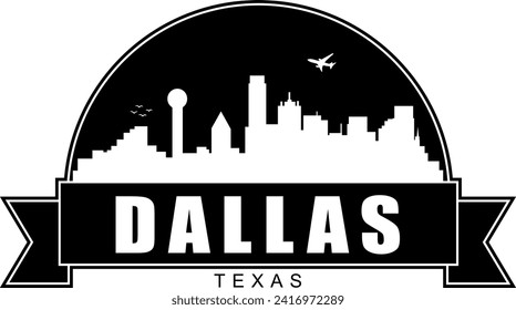 Black and white Dallas Texas buildings skyline negative air space silhouette dome shaped emblem with scroll banner below and name text inside. Vector eps graphic design.