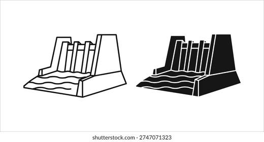 Black and white dam structure with water flow industrial