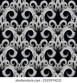 Black and white Damask style intricate swirls and abstract flowers seamless pattern. Vector ornamental beautiful swirl lines background. Hand drawn floral ornaments. Endless texture. Fabric patterns.