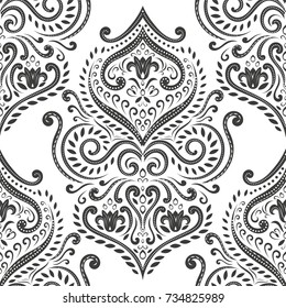 Black And White Damask Vector Seamless Pattern, Wallpaper. Elegant Classic Texture. Luxury Ornament. Royal, Victorian, Baroque Elements. Great For Fabric And Textile, Wallpaper, Or Any Desired Idea.